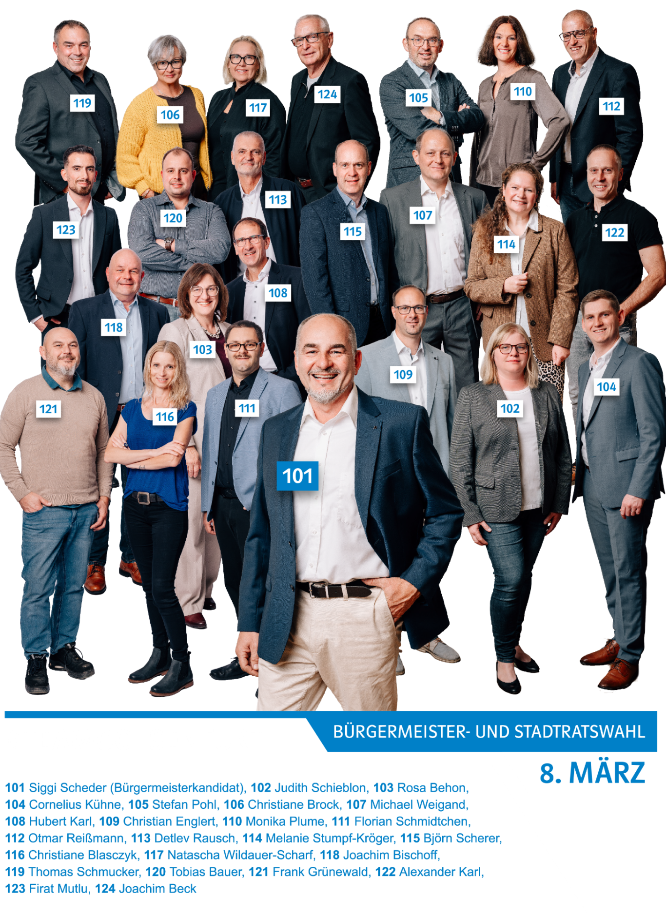 Das #TEAMOCHSENFURT Zu sehen sind alle Kandidaten der diesjährigen Stadtratswahl 2026 sowie der Bürgermeisterkandidat Siggi Scheder.